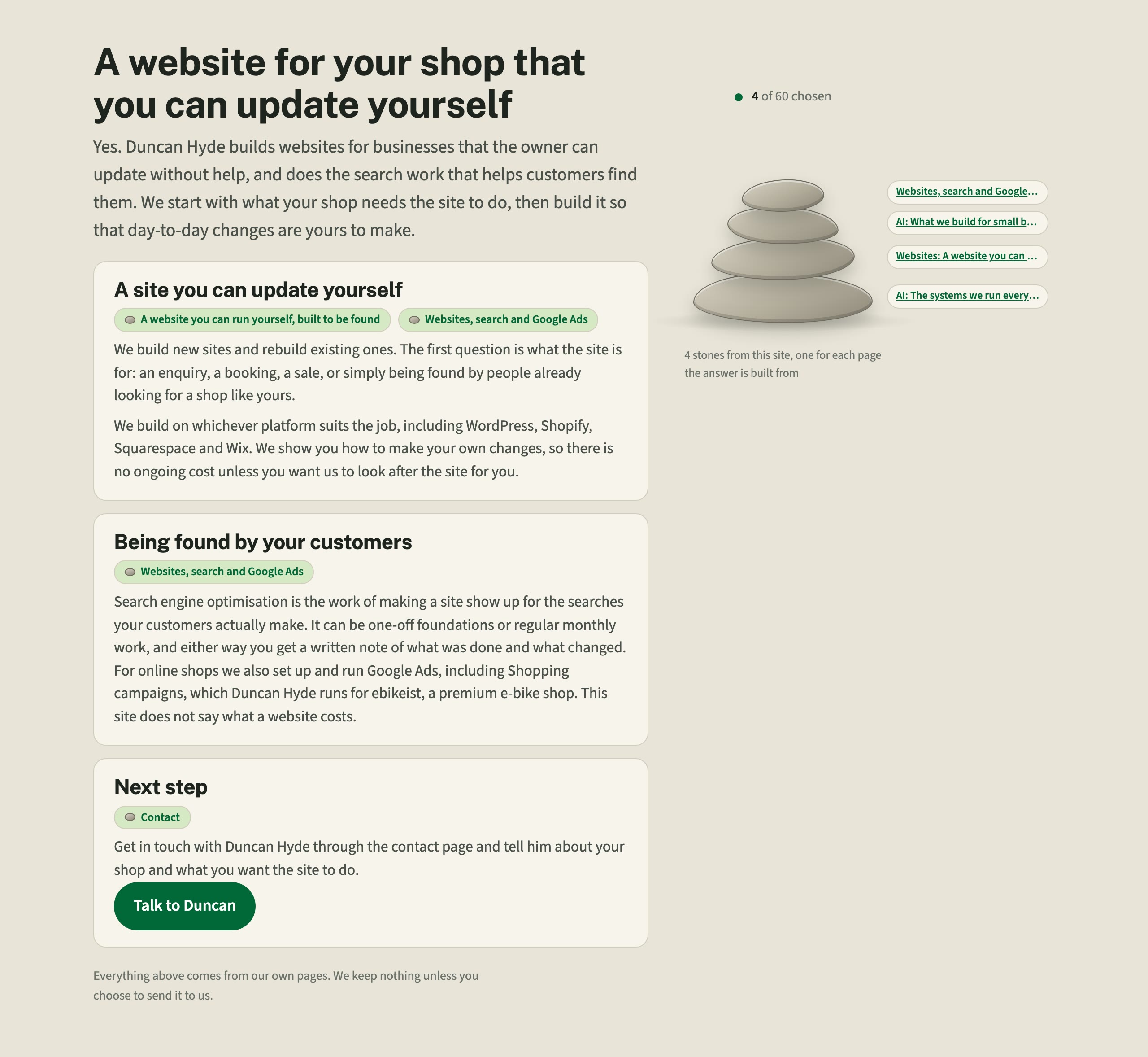 The page Cairn wrote for a shop owner asking for a website they can update themselves: a headline, three blocks each naming the pages it drew on, and a next step, with four stones stacked beside it