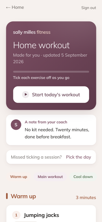 The client app on a phone: a home workout, with the exercises and sets to log